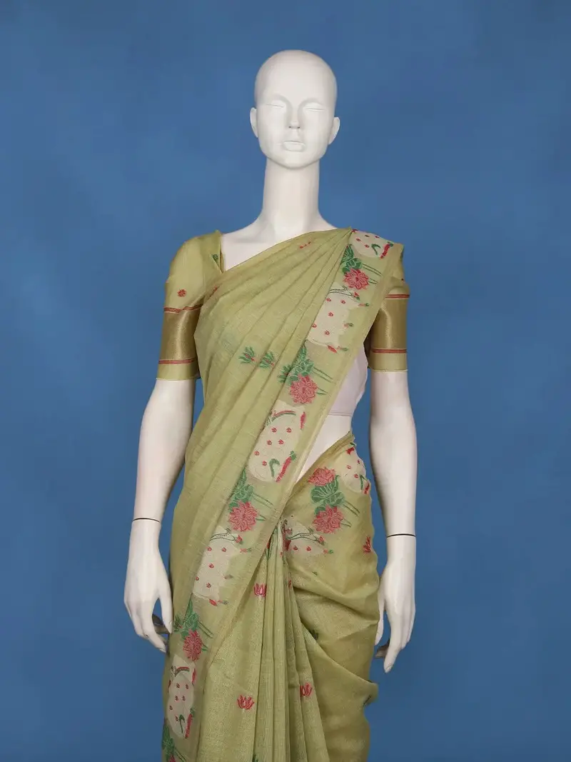 Light Green Floral Embroidered Design Pure Cotton Saree 2