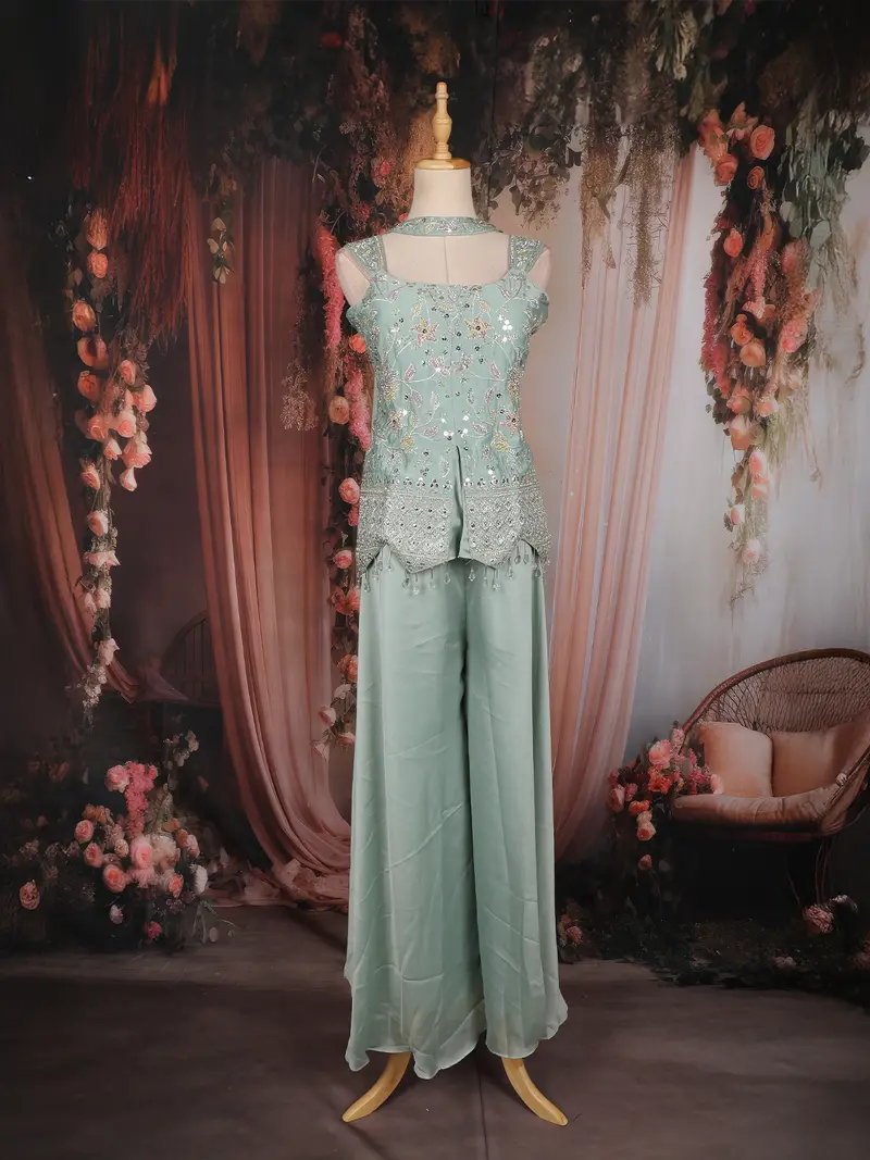 Light Green Floral Embroidered Georgette Palazzo Suit 1