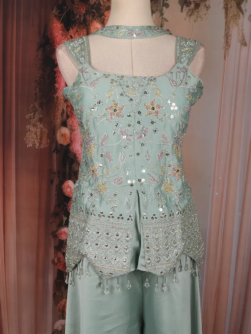 Light Green Floral Embroidered Georgette Palazzo Suit 2