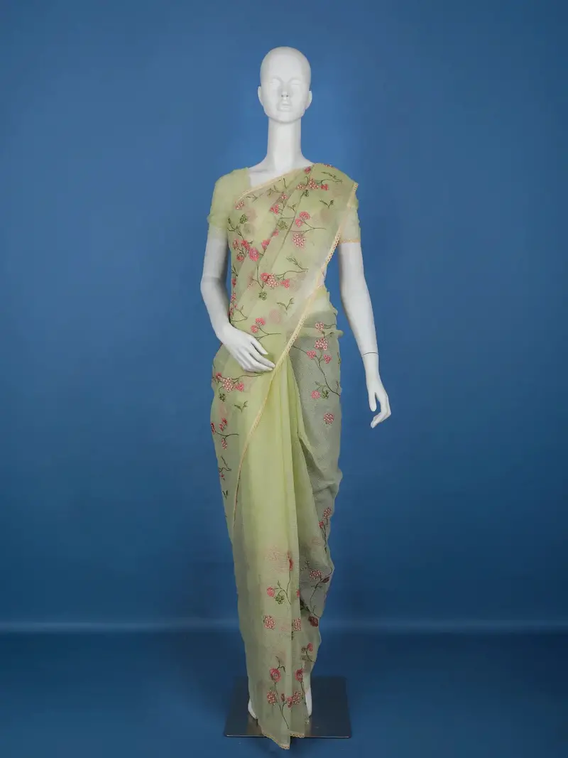Light Green Floral Embroidered Kota Cotton Saree 1