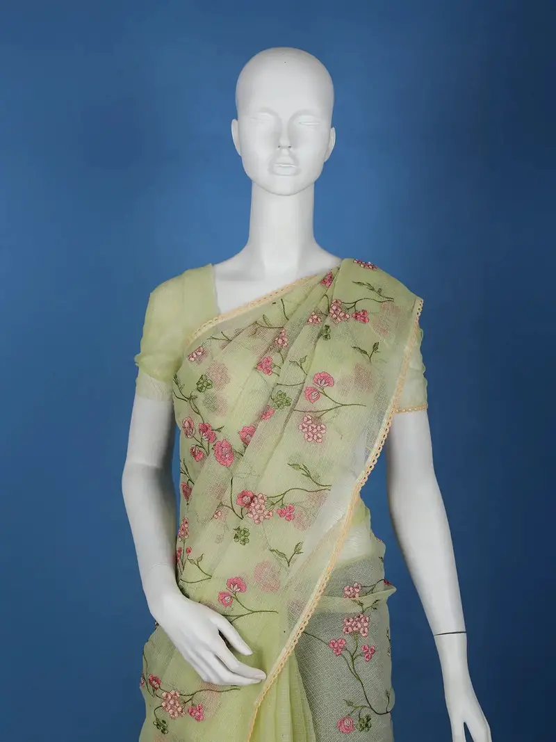 Light Green Floral Embroidered Kota Cotton Saree 2