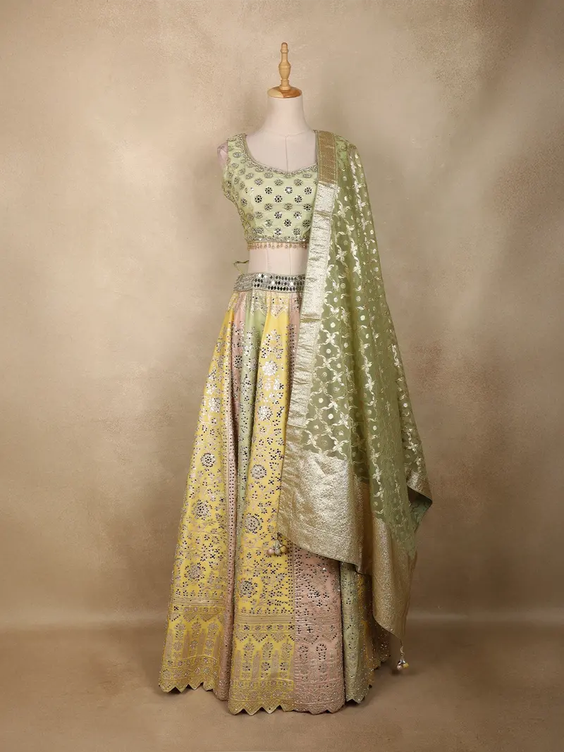 Light Green Floral Mirror Work Banarasi Silk Lehenga Set 1