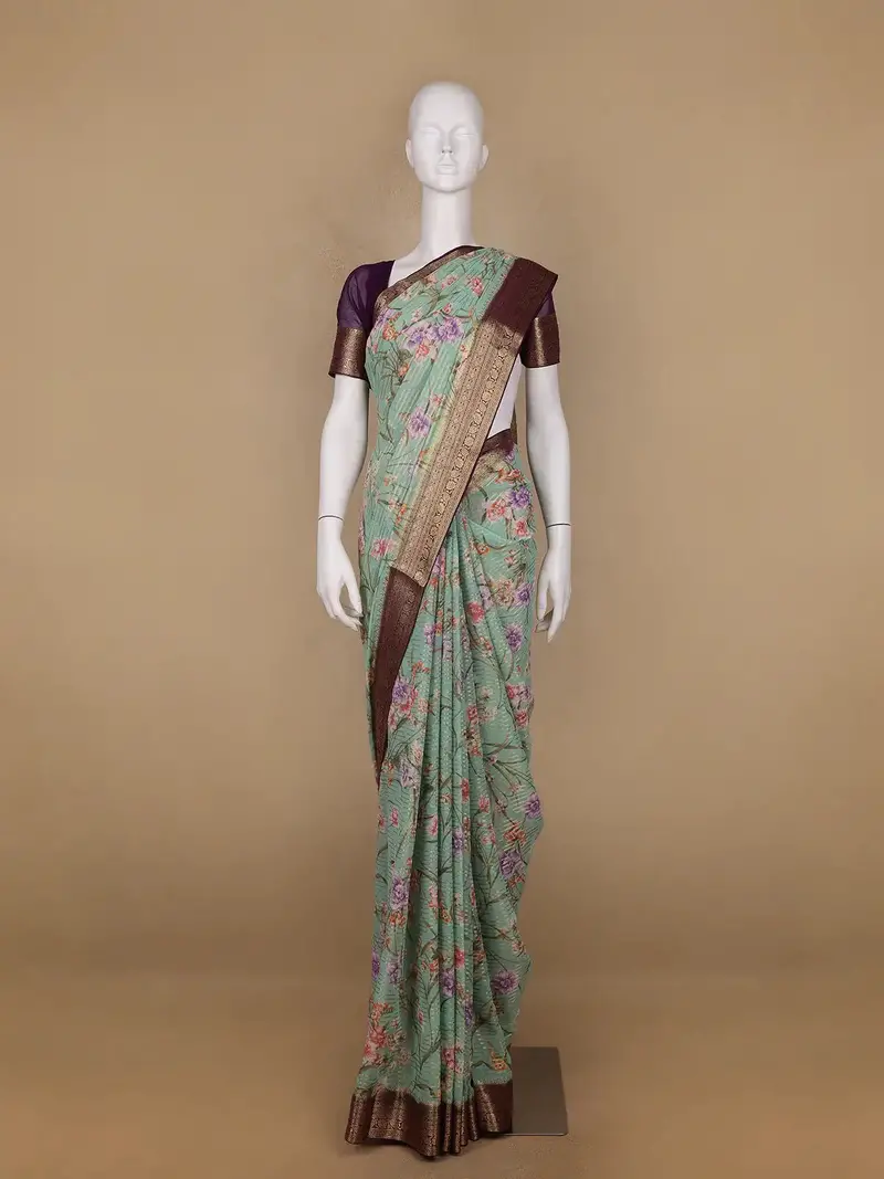 Light Green Floral Printed Chiffon Saree 1
