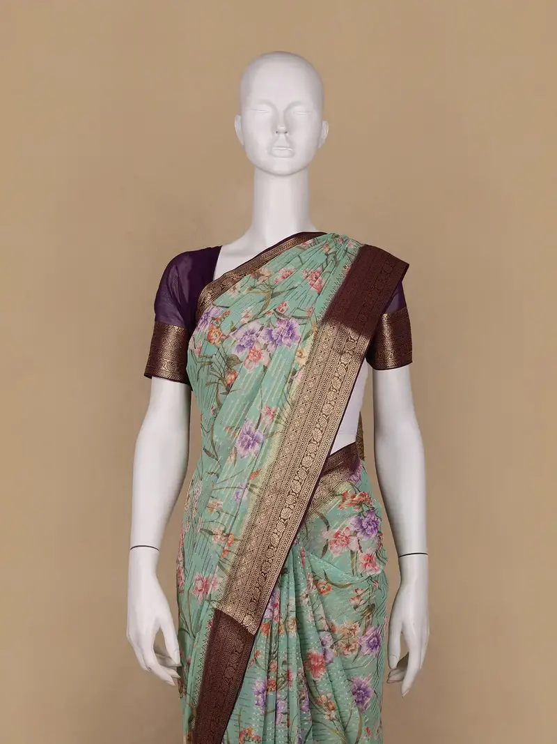 Light Green Floral Printed Chiffon Saree 2