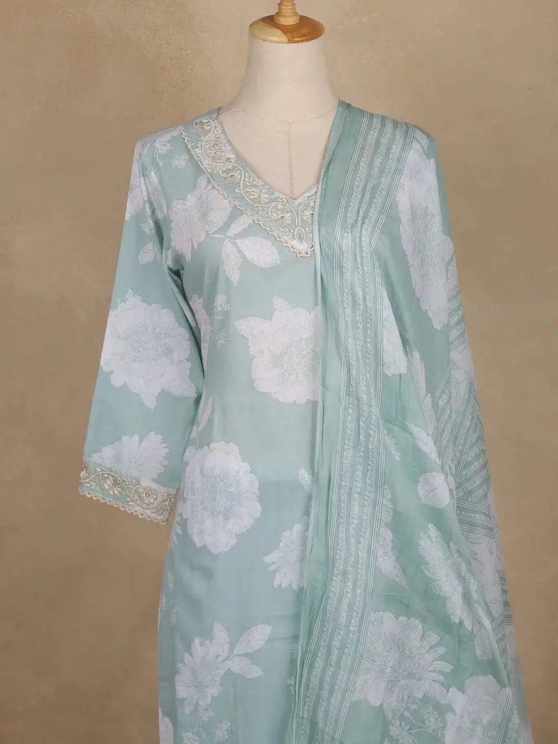 Light Green Floral Printed Cotton Salwar Suit With Dupatta 2