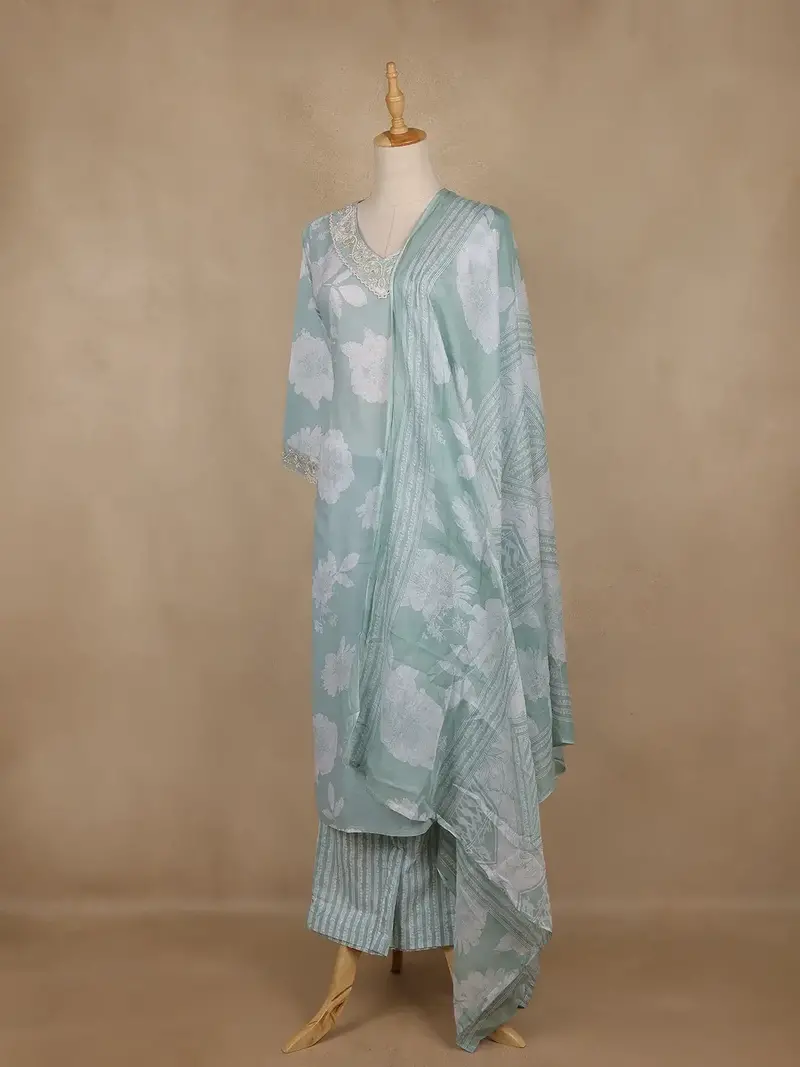 Light Green Floral Printed Cotton Salwar Suit With Dupatta 3