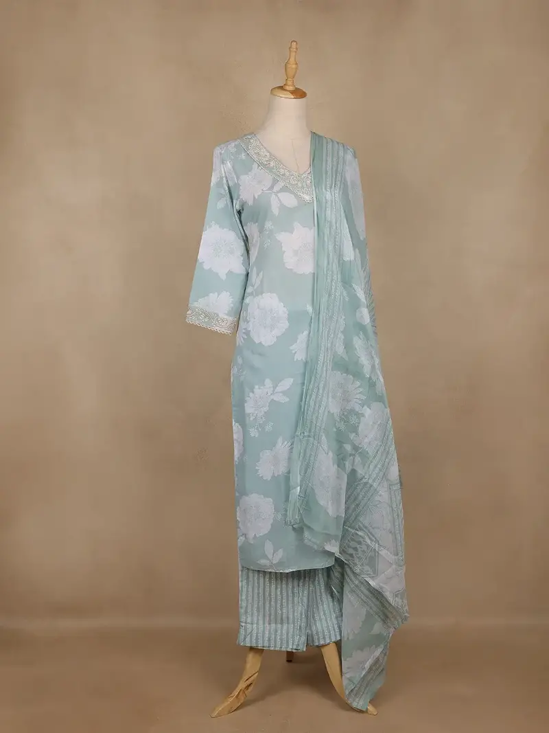 Light Green Floral Printed Cotton Salwar Suit With Dupatta 4