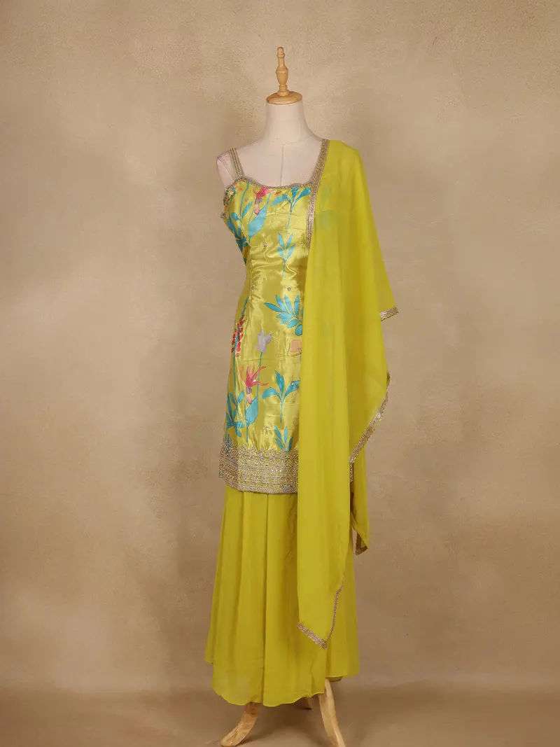 Light Green Floral Printed Design Crepe Palazzo Suit 1