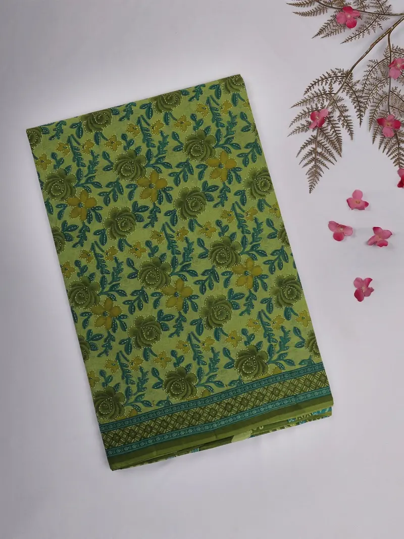 Light Green Floral Printed Design Karishma Cotton Saree 1