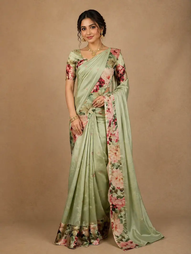 Light Green Floral Printed Design Soft Silk Saree 1