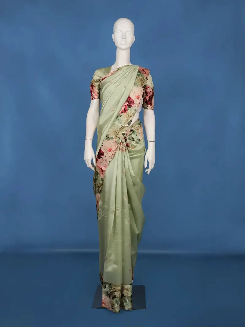 Light Green Floral Printed Design Soft Silk Saree 2