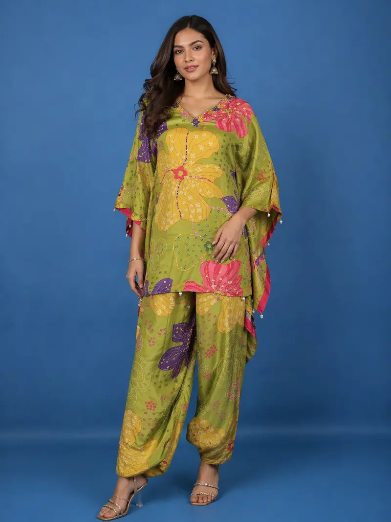 Light Green Floral Printed Synthetic Kaftan Palazzo Suit 1