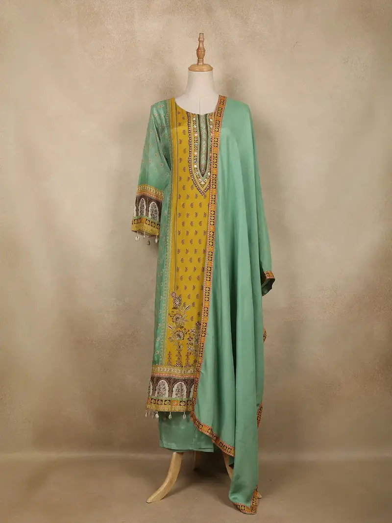Light Green Floral Printed Synthetic Salwar Suit 1