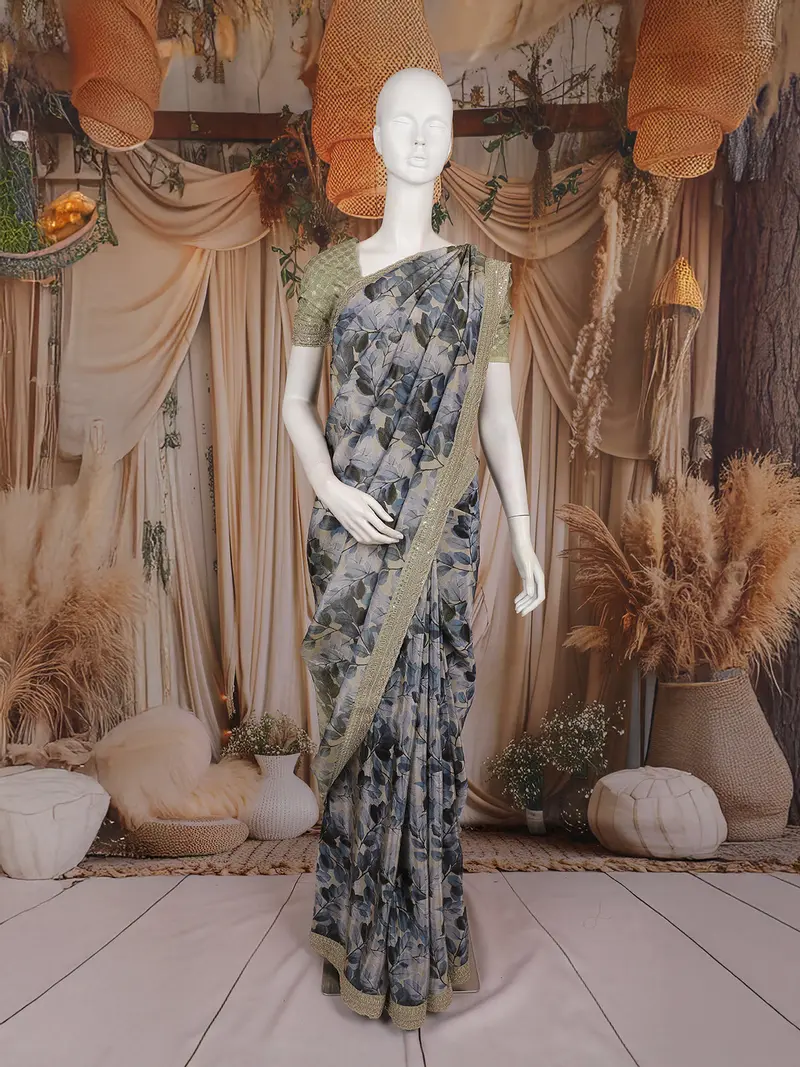 Light Green Floral Printed Tissue Organza Saree With Embroidered Border 1