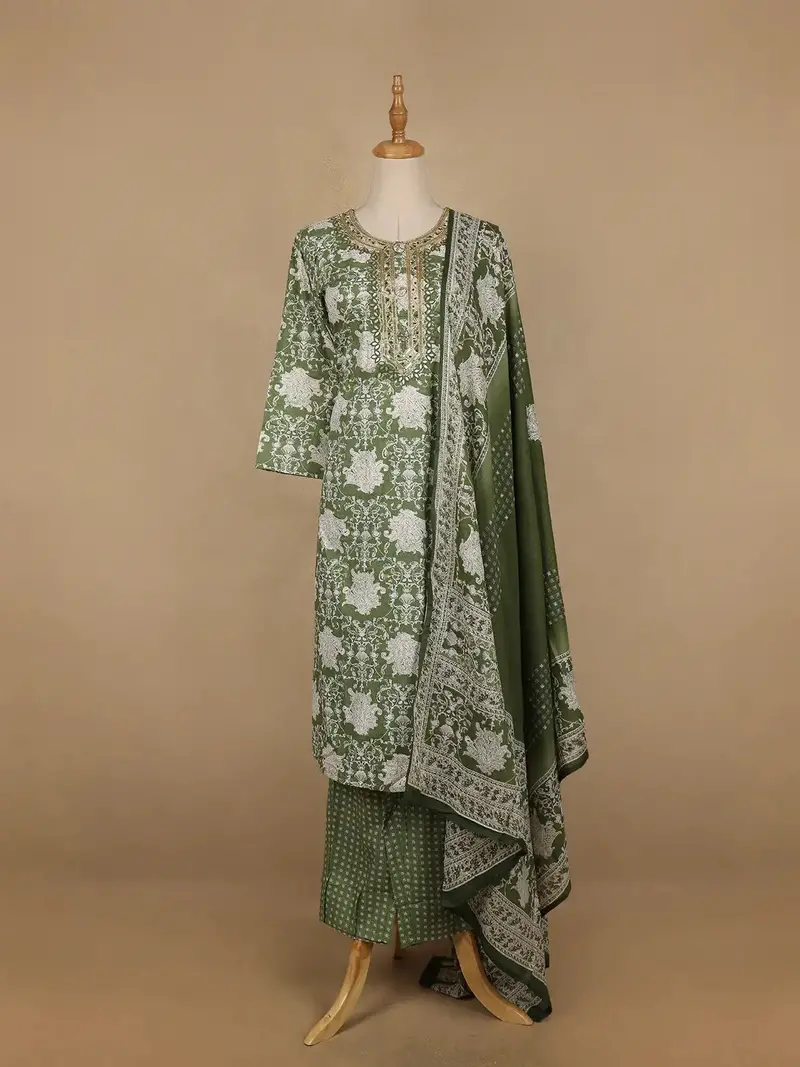 Light Green Floral Prints Cotton Straight Cut Salwar Suit 1