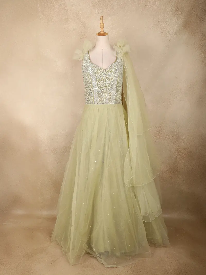 Light Green Floral Sequin Embroidered Net Gown With Ruffle Shoulder Design And Dupatta 1
