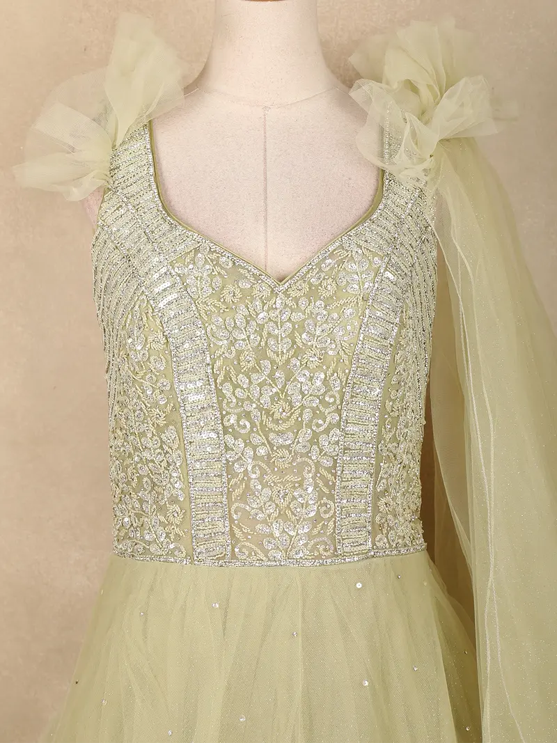 Light Green Floral Sequin Embroidered Net Gown With Ruffle Shoulder Design And Dupatta 2
