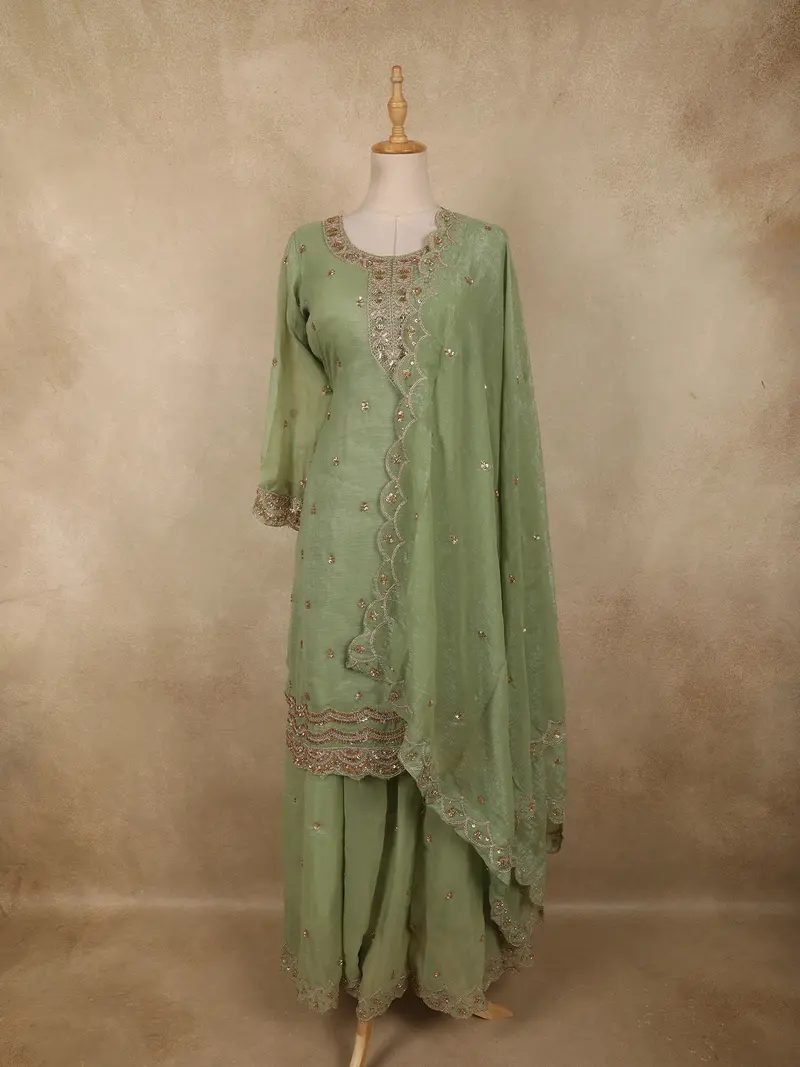 Light Green Floral Sequins And Beads Embroidered Design Organza Palazzo Suit With Dupatta 1