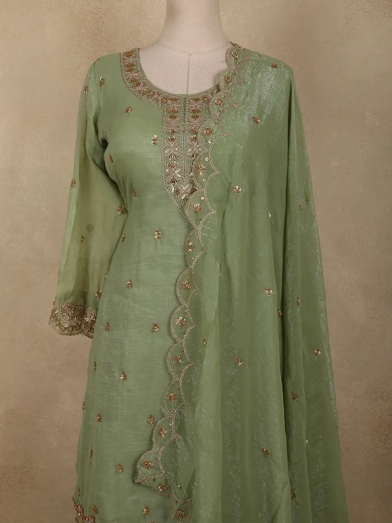 Light Green Floral Sequins And Beads Embroidered Design Organza Palazzo Suit With Dupatta 2