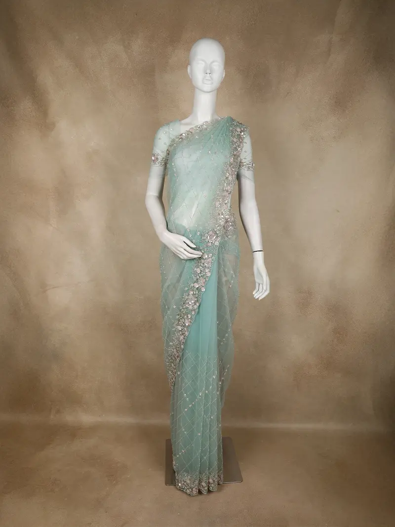 Light Green Floral Sequins And Beads Embroidered Designed Net Designer Saree 1