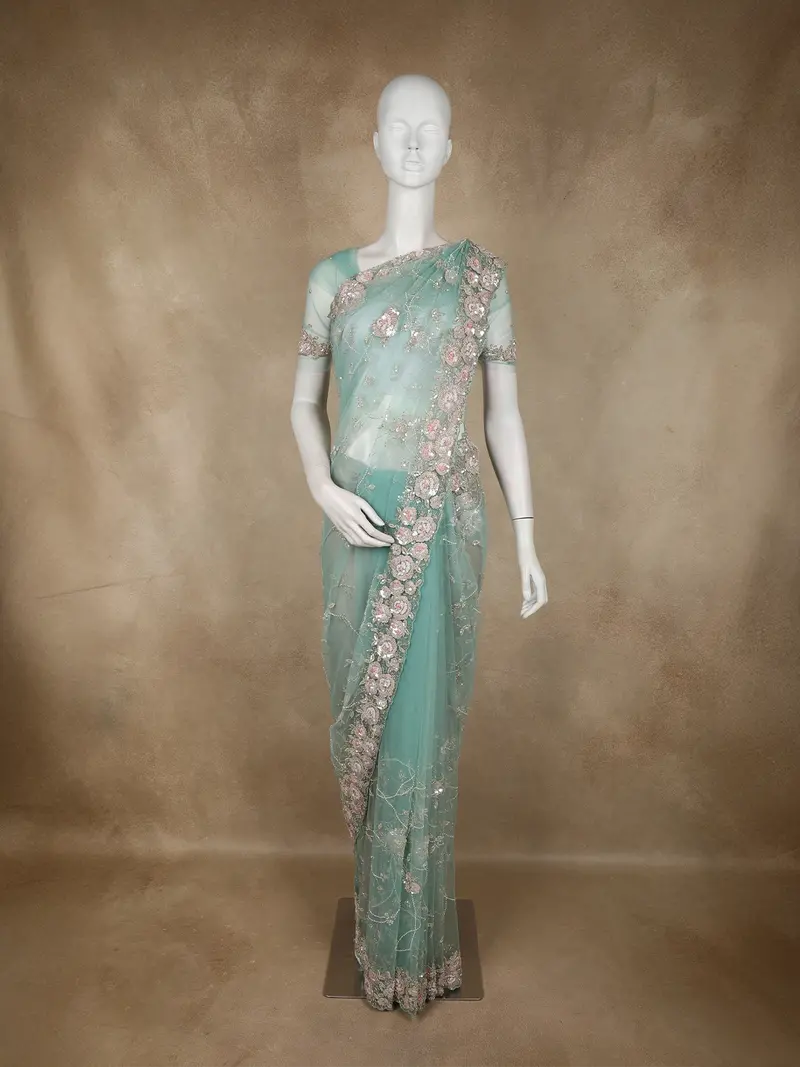 Light Green Floral Sequins And Beads Embroidered Designed Net Designer Saree 1