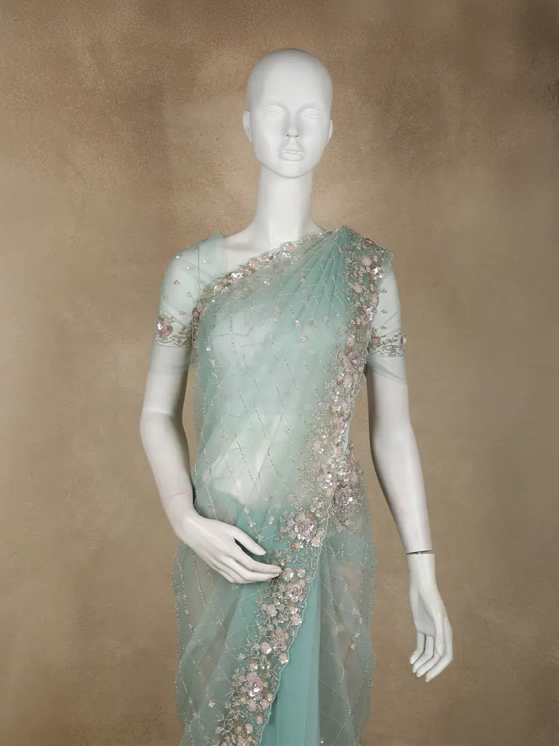 Light Green Floral Sequins And Beads Embroidered Designed Net Designer Saree 2