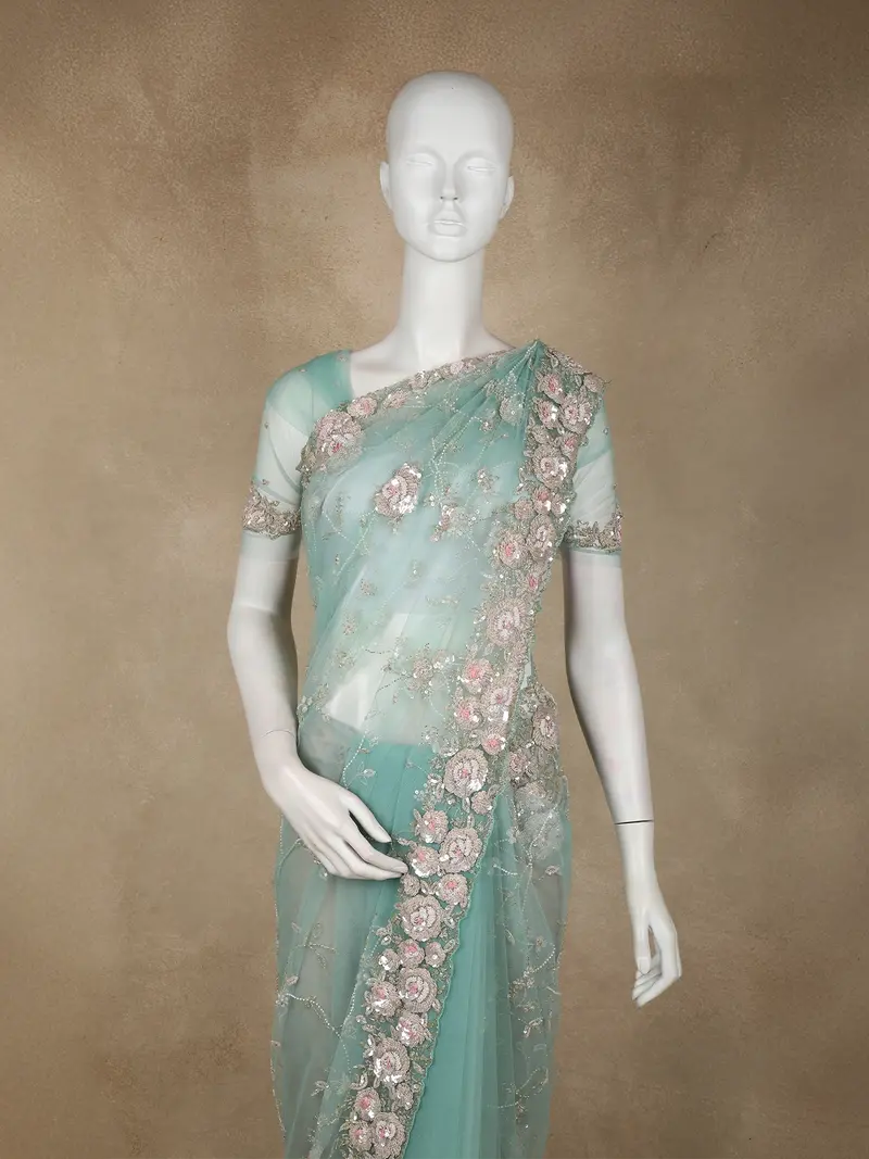 Light Green Floral Sequins And Beads Embroidered Designed Net Designer Saree 2