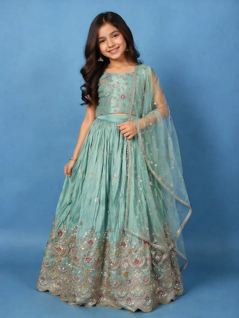Light Green Floral Sequins Design Georgette Kids Lehenga 1