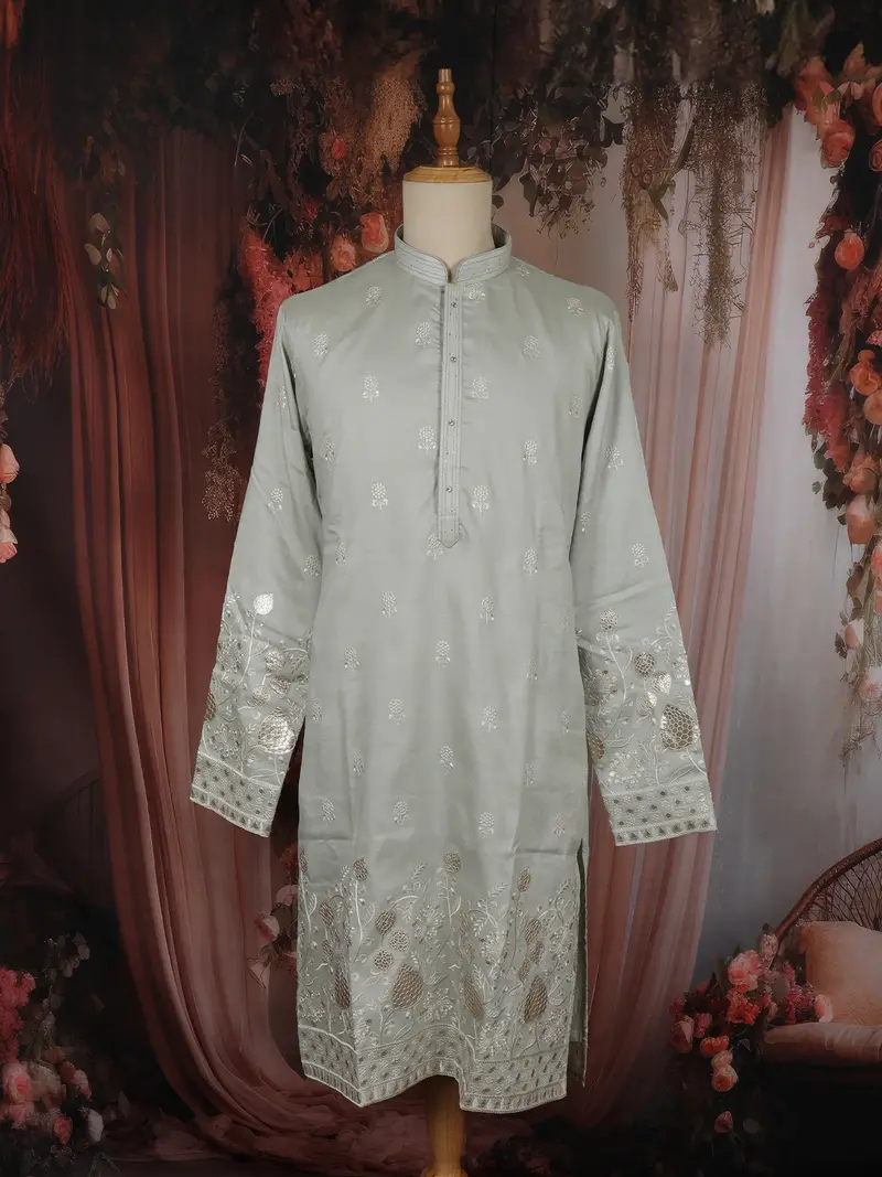 Light Green Floral Thread Embroidered Design Cotton Men's Kurta 1