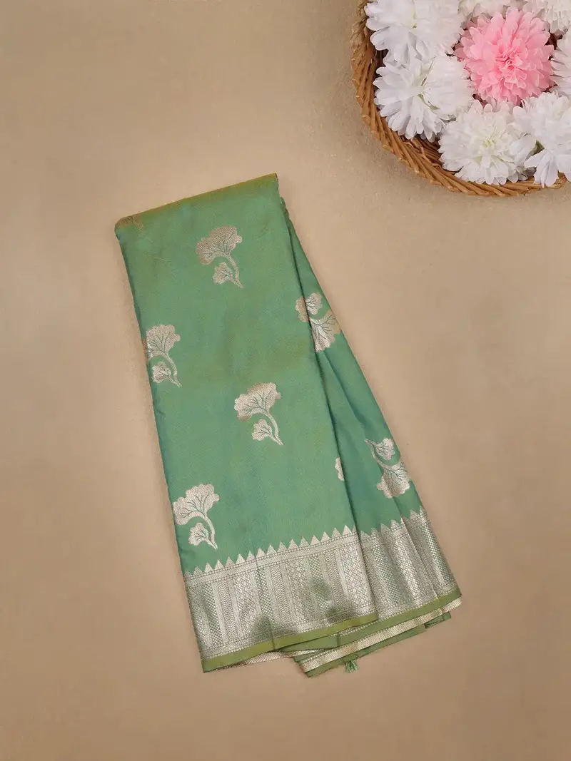 Light Green Floral Woven Banarasi Silk Saree 1