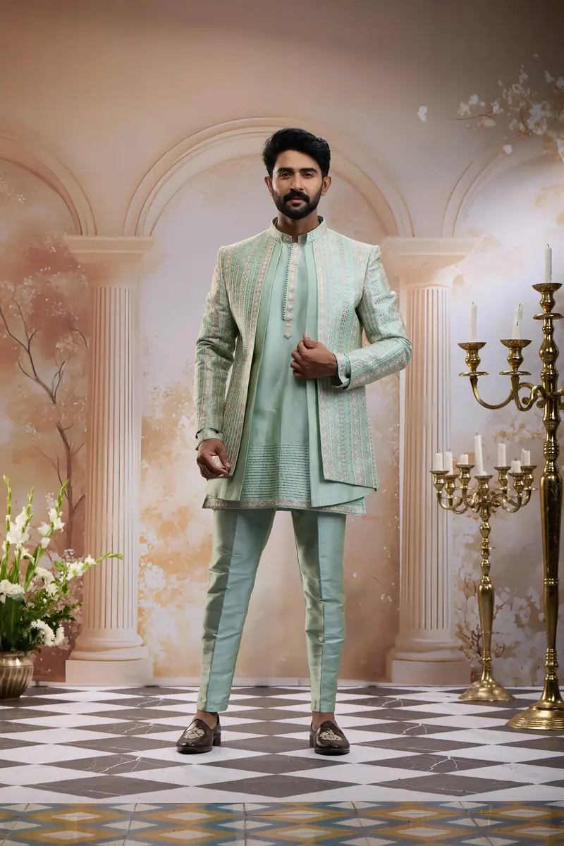 Light Green Geometric Design Raw Silk Jacquard Sherwani Set 1