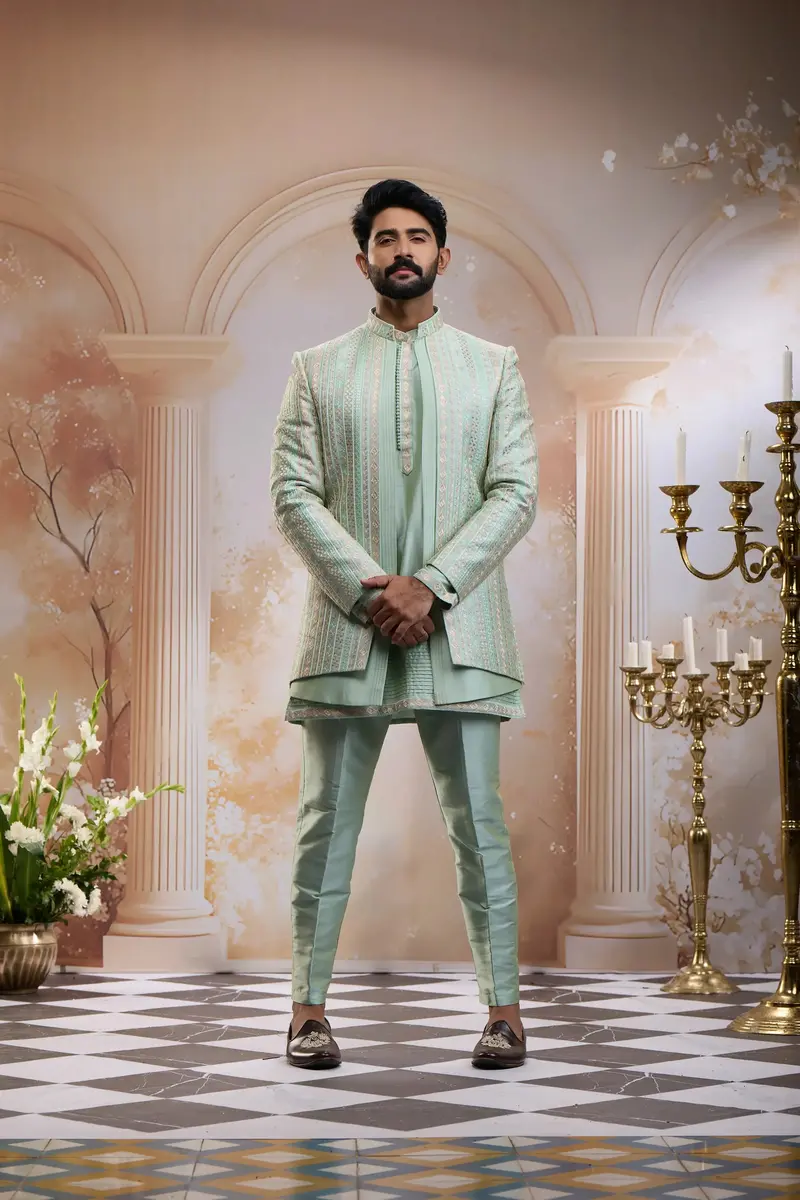 Light Green Geometric Design Raw Silk Jacquard Sherwani Set 2