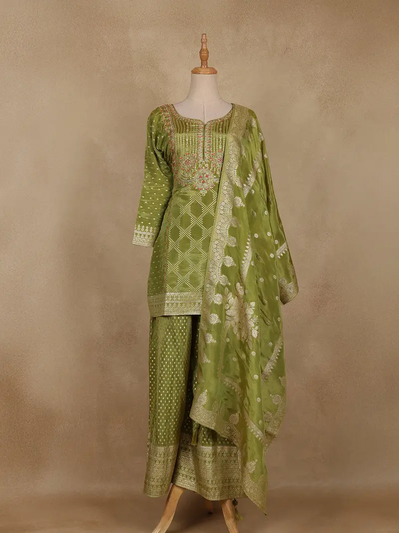 Light Green Geometric Design Semi Silk Palazzo Salwar Suit With Dupatta 1