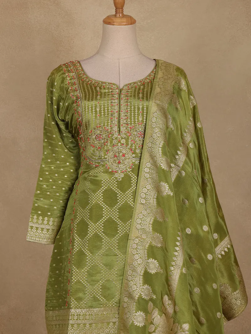 Light Green Geometric Design Semi Silk Palazzo Salwar Suit With Dupatta 2