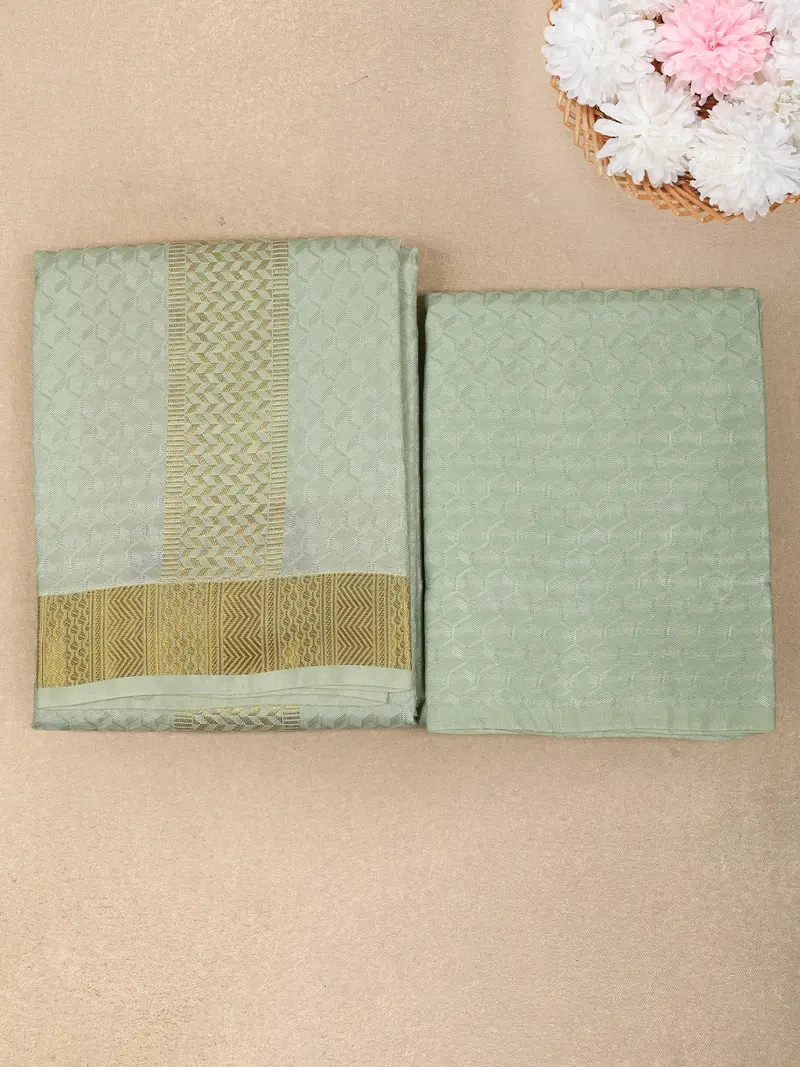 Light Green Geometric Woven Design Unstitched Shirt With Matching Dhoti Set With Zari Border 1