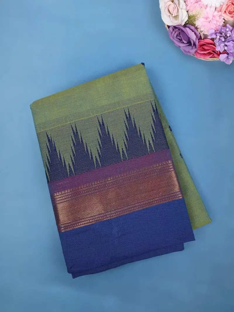 Light Green Ikat Design Cotton Saree With Copper Zari Border 1