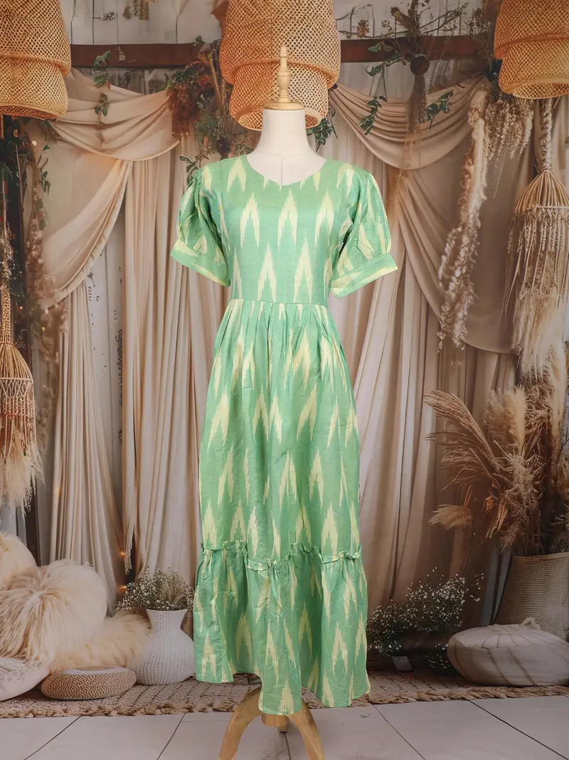 Light Green Ikat Printed Design Cotton Kurti 1