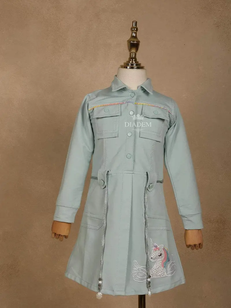 Light Green Jeans Frock With Fancy Designs 1
