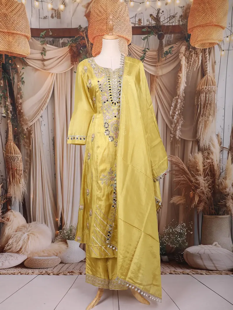 Light Green Mirror And Thread Embroidered Design Tissue Silk Palazzo Suit With Dupatta 1
