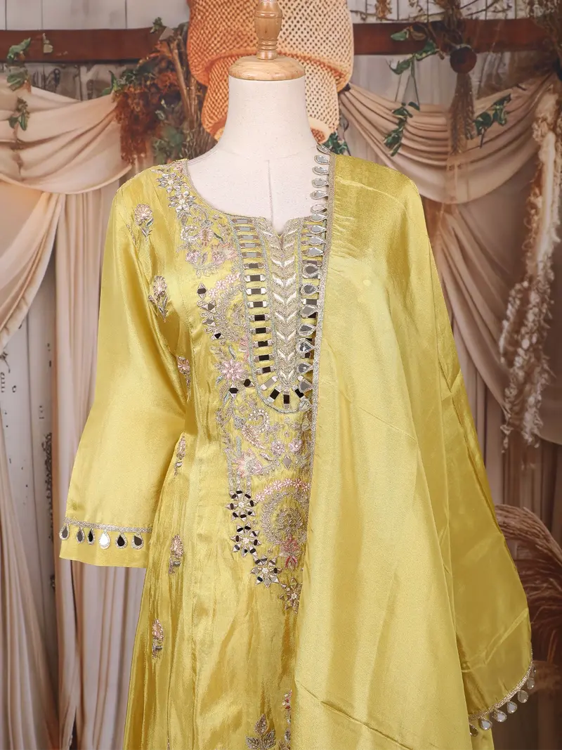 Light Green Mirror And Thread Embroidered Design Tissue Silk Palazzo Suit With Dupatta 2
