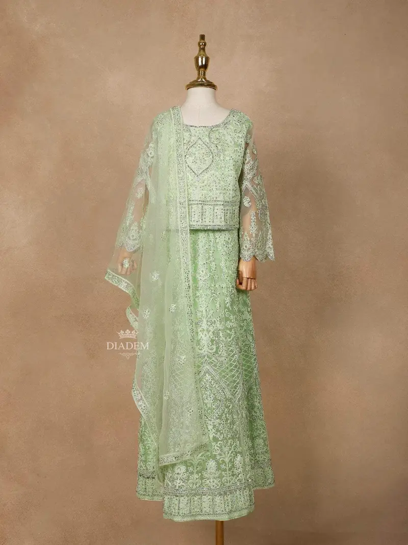 Light Green Net Lehenga Embellished With Floral Threads And Stonework, Paired With Dupatta 1