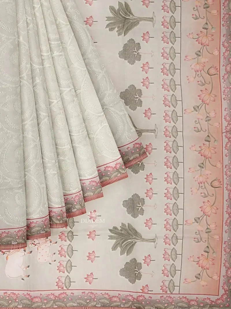 Light Green Organza Saree With Floral Thread Work On The Body And Printed Border 1