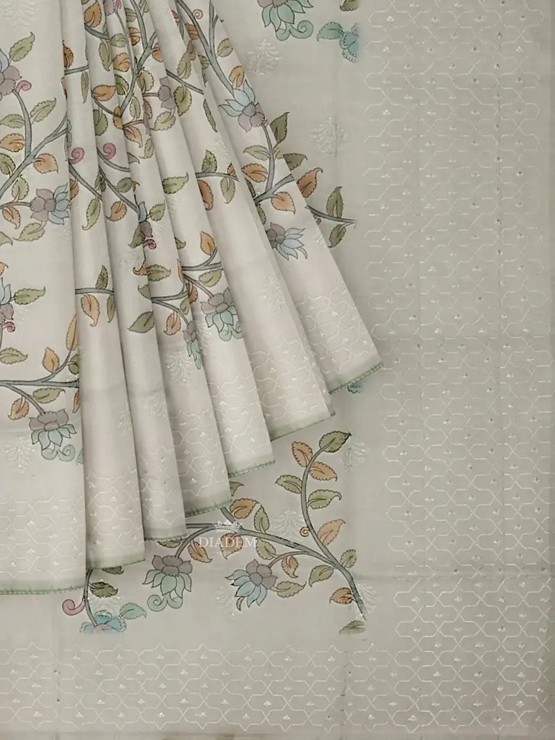 Light Green Organza Silk Saree With Floral Prints On The Body And Embroidery Border 1