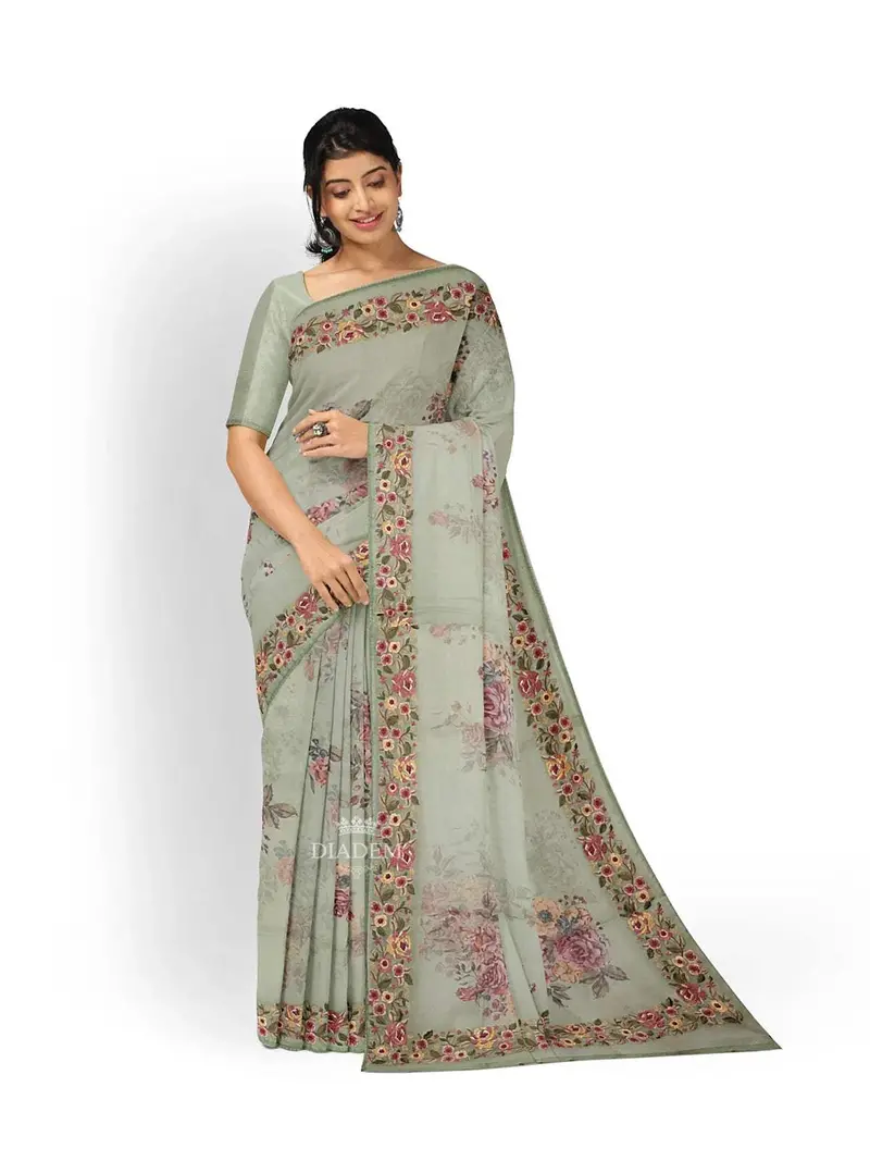 Light Green Organza Silk Saree With Floral Prints On The Body And Embroidery Border 1