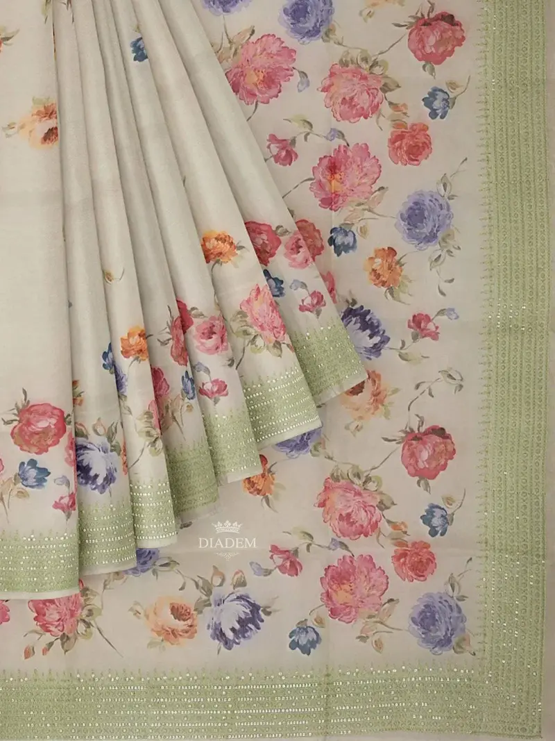Light Green Organza Silk Saree With Floral Prints On The Body And Embroidery Border 1
