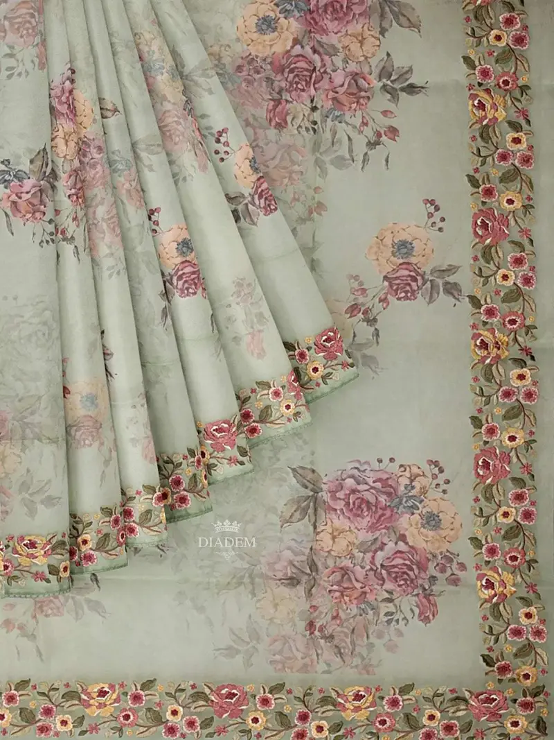 Light Green Organza Silk Saree With Floral Prints On The Body And Embroidery Border 2