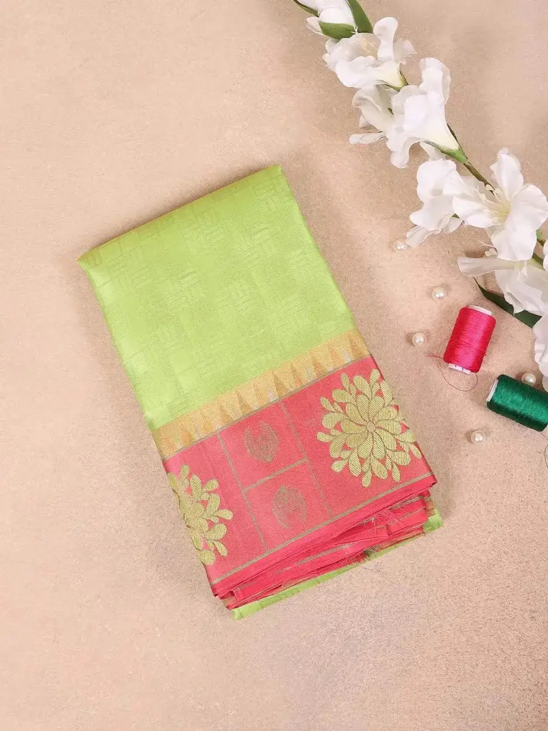 Light Green Pure Kanchipuram Bridal Silk Saree With Checked Design On The Body With Designed Border 1