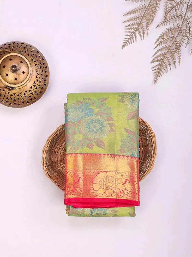 Light Green Pure Kanchipuram Bridal Silk Saree With Floral Motif And Zari Border 1