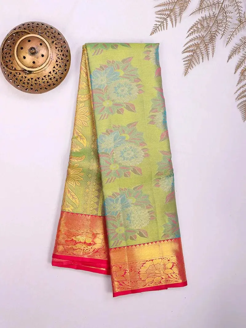 Light Green Pure Kanchipuram Bridal Silk Saree With Floral Motif And Zari Border 2