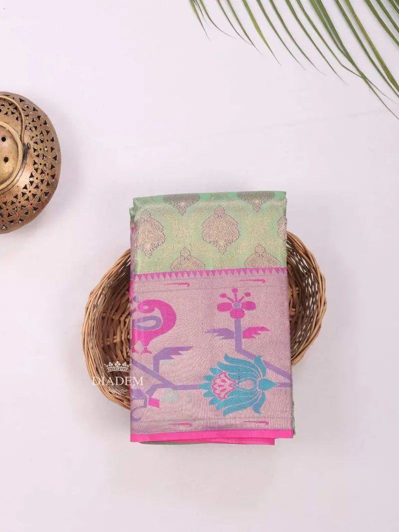 Light Green Pure Kanchipuram Bridal Silk Saree With Floral Motif On The Body And Designed Zari Border 1